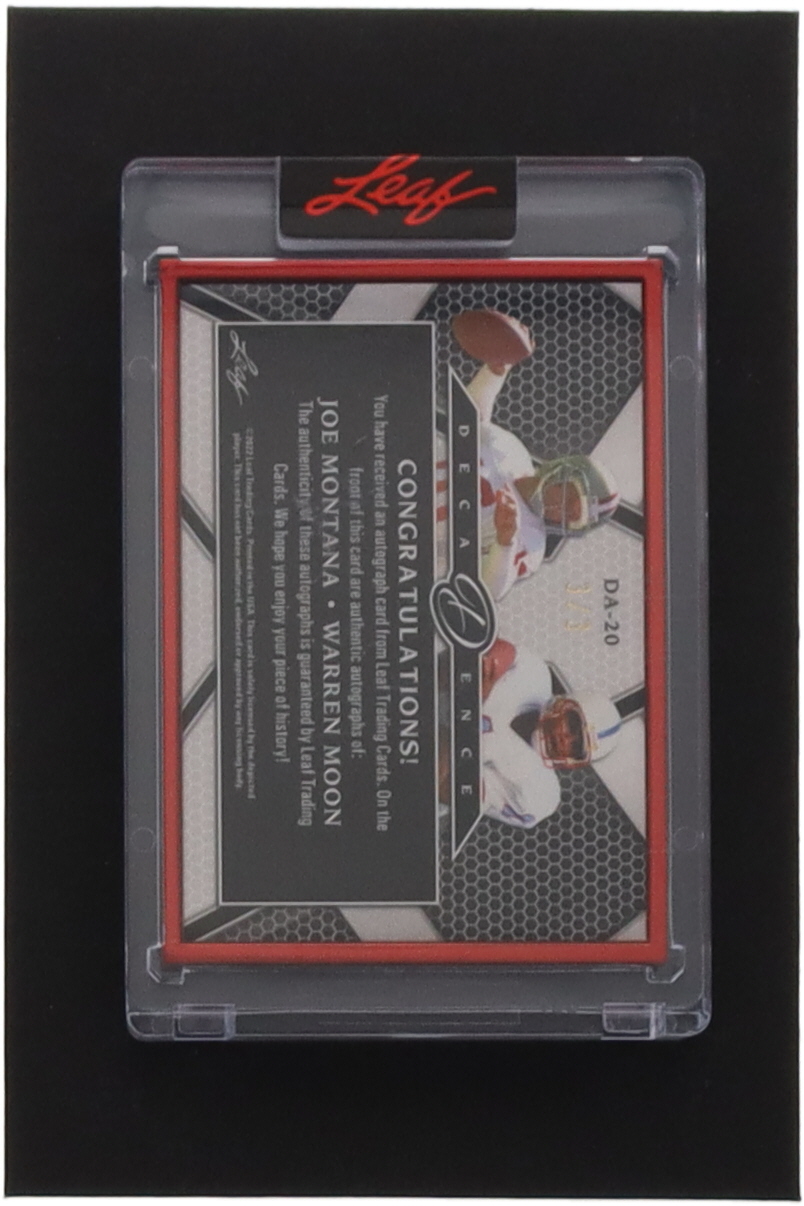 Joe Montana / Warren Moon 2022 Leaf Decadence Dual Autographs Red #DA20 #1/3 at PristineAuction.com Joe Montana / Warren Moon 2022 Leaf Decadence Dual Autographs Red #DA20 #1/3 at PristineAuction.com
