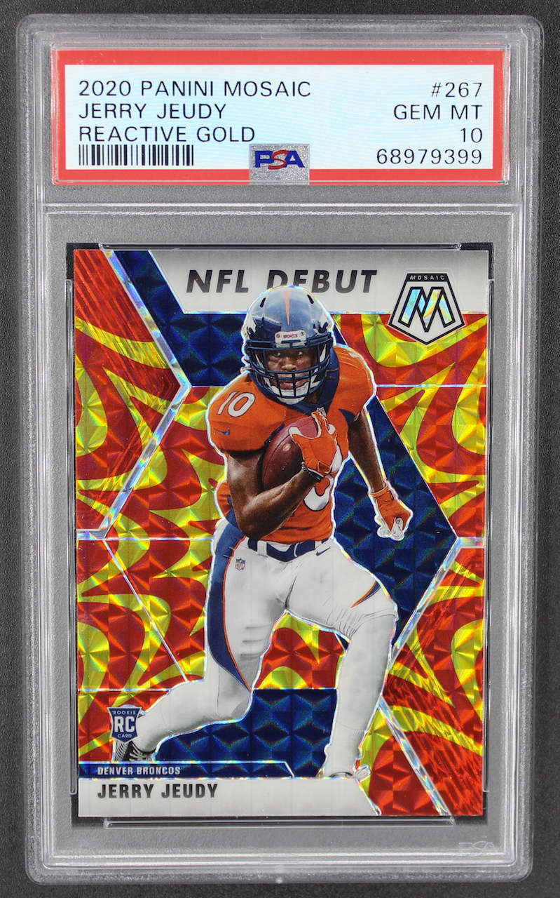 Jerry Jeudy 2020 Panini Mosaic Mosaic Reactive Gold #267 DEB (PSA 10) at PristineAuction.com Jerry Jeudy 2020 Panini Mosaic Mosaic Reactive Gold #267 DEB (PSA 10) at PristineAuction.com