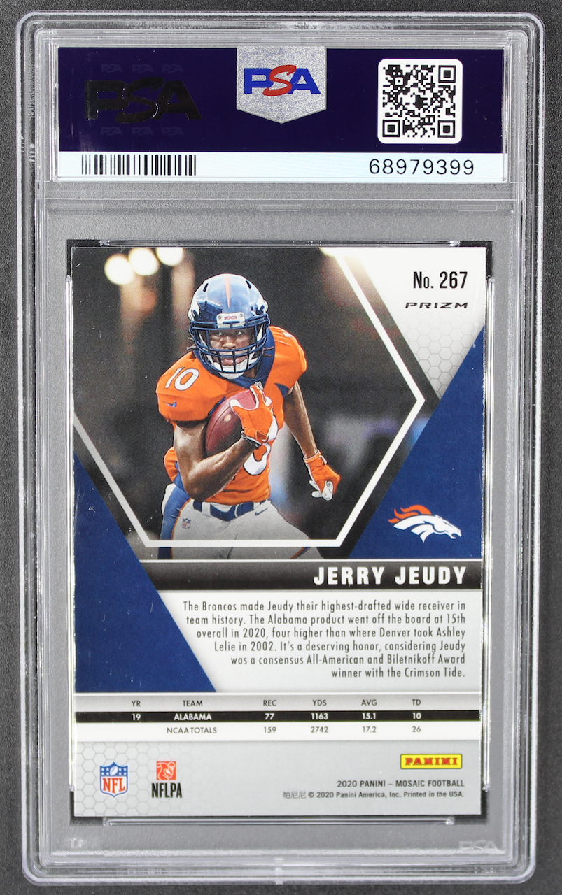 Jerry Jeudy 2020 Panini Mosaic Mosaic Reactive Gold #267 DEB (PSA 10) at PristineAuction.com Jerry Jeudy 2020 Panini Mosaic Mosaic Reactive Gold #267 DEB (PSA 10) at PristineAuction.com