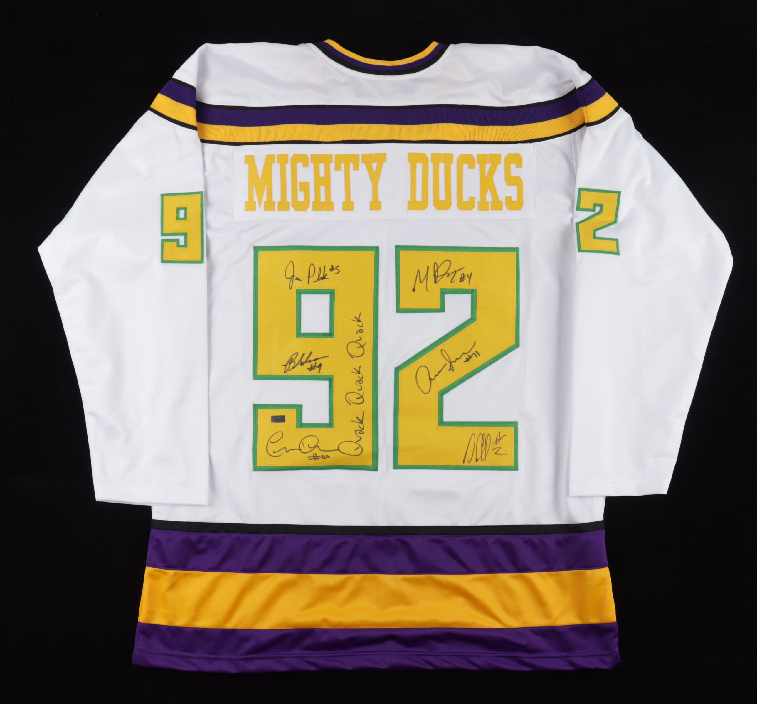 "The Mighty Ducks" Jersey Signed by (6) with Garette Henson, Matt Doherty, Brandon Adams, Jane Plank Inscribed "Quack Quack Quack!" (Palm Beach) at PristineAuction.com "The Mighty Ducks" Jersey Signed by (6) with Garette Henson, Matt Doherty, Brandon Adams, Jane Plank Inscribed "Quack Quack Quack!" (Palm Beach) at PristineAuction.com