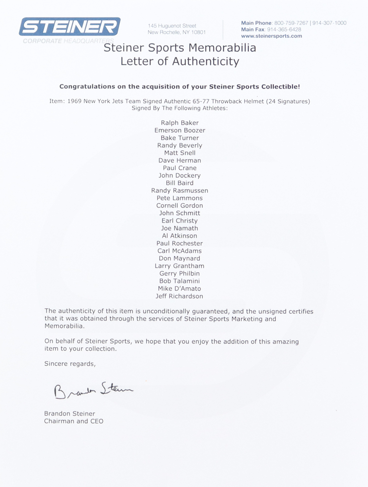 1969 New York Jets Full-Size Authentic On-Field Throwback Helmet Signed By (24) with Ralph Baker, Emerson Boozer, Bake Turner, Randy Beverly (Steiner & Fanatics) at PristineAuction.com 1969 New York Jets Full-Size Authentic On-Field Throwback Helmet Signed By (24) with Ralph Baker, Emerson Boozer, Bake Turner, Randy Beverly (Steiner & Fanatics) at PristineAuction.com