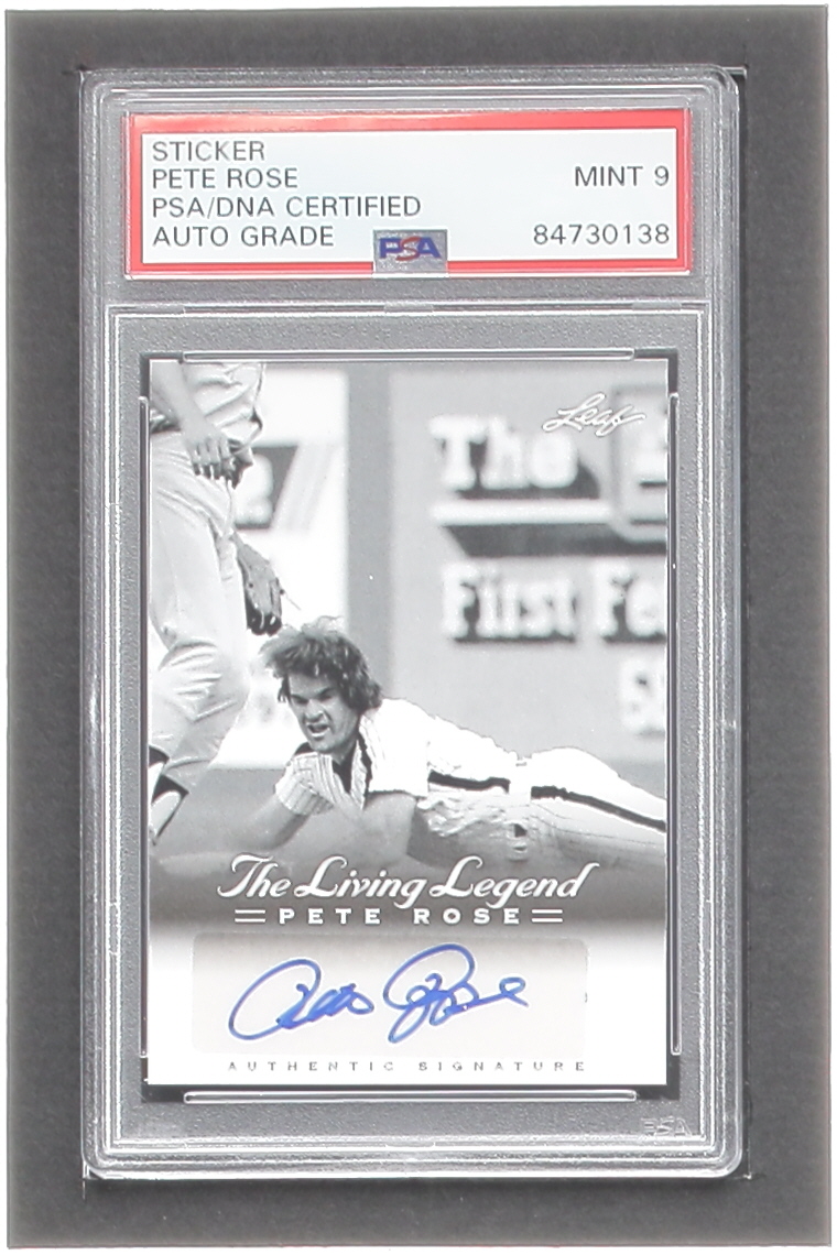 Pete Rose Signed Sticker On 2012 Leaf Pete Rose The Living Legend #40 (PSA) at PristineAuction.com Pete Rose Signed Sticker On 2012 Leaf Pete Rose The Living Legend #40 (PSA) at PristineAuction.com