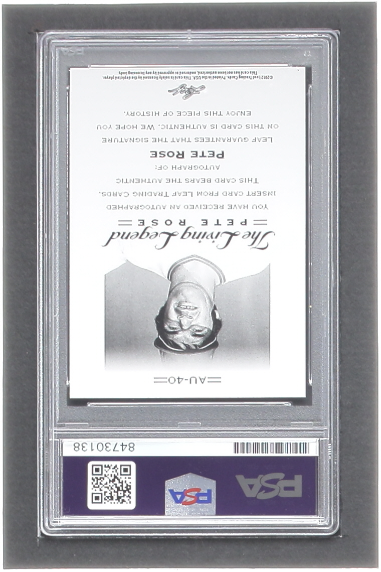 Pete Rose Signed Sticker On 2012 Leaf Pete Rose The Living Legend #40 (PSA) at PristineAuction.com Pete Rose Signed Sticker On 2012 Leaf Pete Rose The Living Legend #40 (PSA) at PristineAuction.com