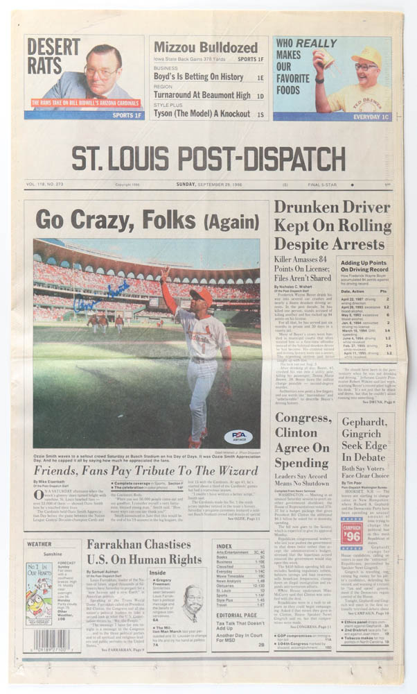Ozzie Smith Signed 1996 "St. Louis PostDispatch" Newspaper (PSA
