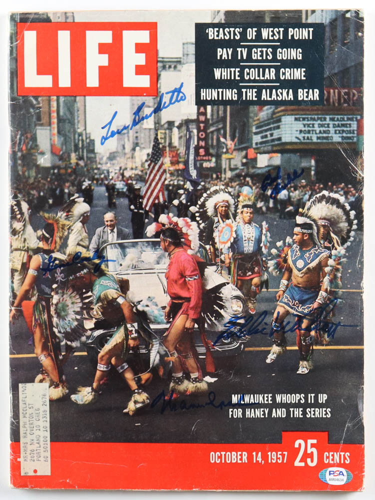 1957 "Life" Newspaper Signed by (5) with Gene Conley, Lew Burdette, Bob Buhl, Eddie Matthews & Warren Spahn (PSA) at PristineAuction.com 1957 "Life" Newspaper Signed by (5) with Gene Conley, Lew Burdette, Bob Buhl, Eddie Matthews & Warren Spahn (PSA) at PristineAuction.com