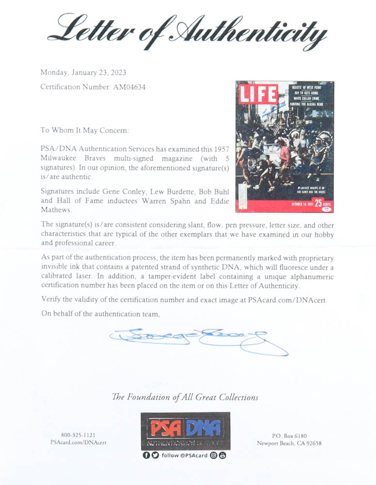1957 "Life" Newspaper Signed by (5) with Gene Conley, Lew Burdette, Bob Buhl, Eddie Matthews & Warren Spahn (PSA) at PristineAuction.com 1957 "Life" Newspaper Signed by (5) with Gene Conley, Lew Burdette, Bob Buhl, Eddie Matthews & Warren Spahn (PSA) at PristineAuction.com