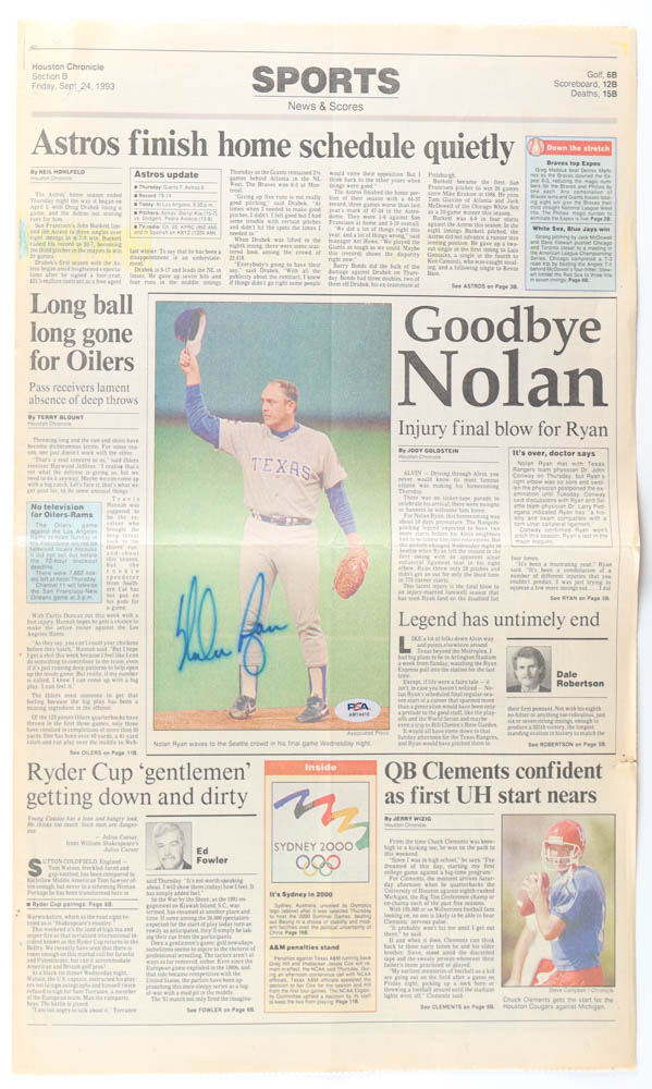 Nolan Ryan Signed 1993 "Goodbye Nolan" Newspaper (PSA) at PristineAuction.com Nolan Ryan Signed 1993 "Goodbye Nolan" Newspaper (PSA) at PristineAuction.com
