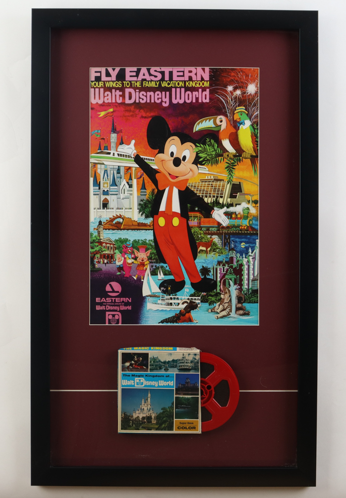 Walt Disney World Custom Framed Travel Poster Display with Super 8MM Film Reel at PristineAuction.com Walt Disney World Custom Framed Travel Poster Display with Super 8MM Film Reel at PristineAuction.com