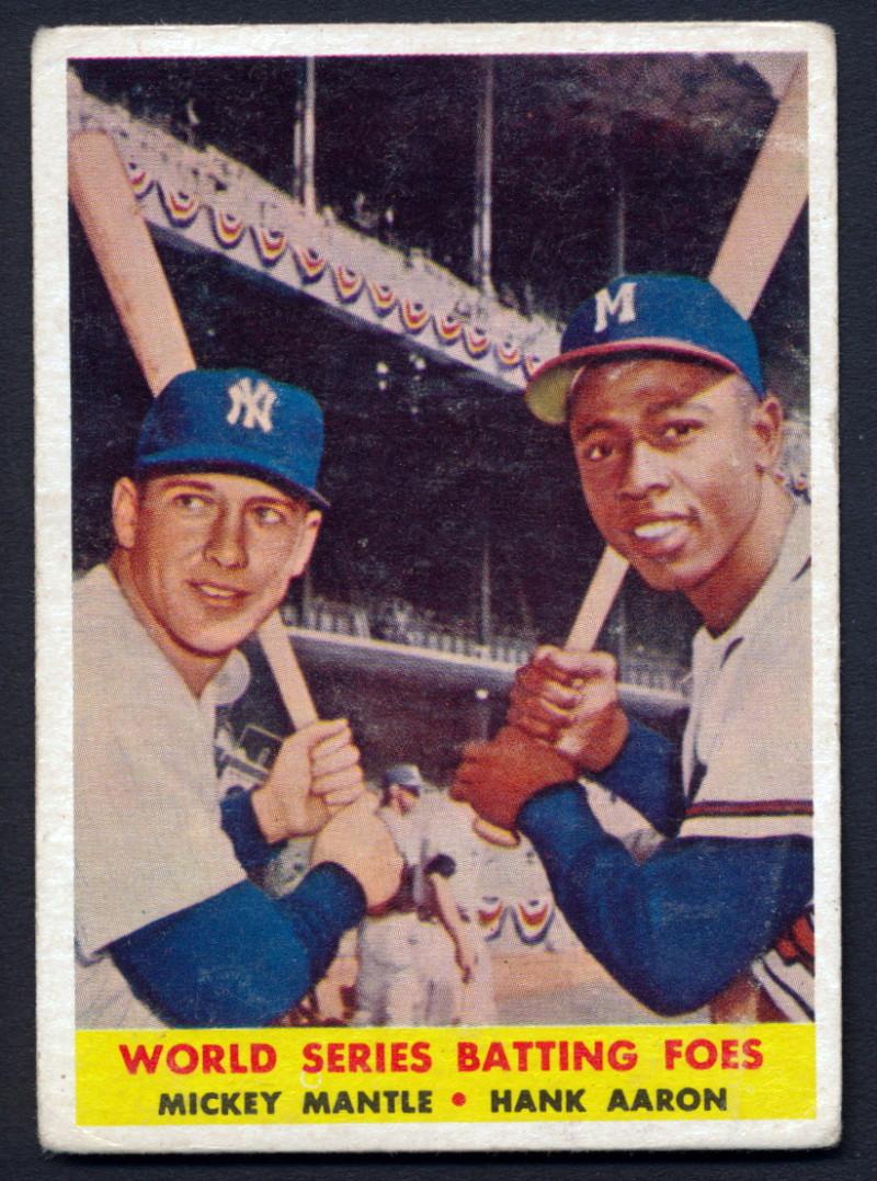 Mickey Mantle & Hank Aaron 1958 Topps World Series Batting Foes #418 at PristineAuction.com Mickey Mantle & Hank Aaron 1958 Topps World Series Batting Foes #418 at PristineAuction.com