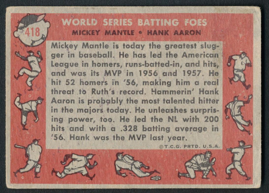 Mickey Mantle & Hank Aaron 1958 Topps World Series Batting Foes #418 at PristineAuction.com Mickey Mantle & Hank Aaron 1958 Topps World Series Batting Foes #418 at PristineAuction.com