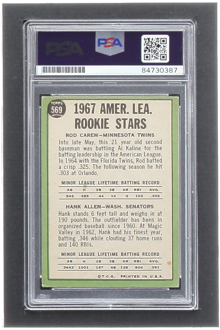 Rod Carew Signed 1967 Topps #569 Rookie Stars / Rod Carew / Hank Allen RC DP (PSA) at PristineAuction.com Rod Carew Signed 1967 Topps #569 Rookie Stars / Rod Carew / Hank Allen RC DP (PSA) at PristineAuction.com