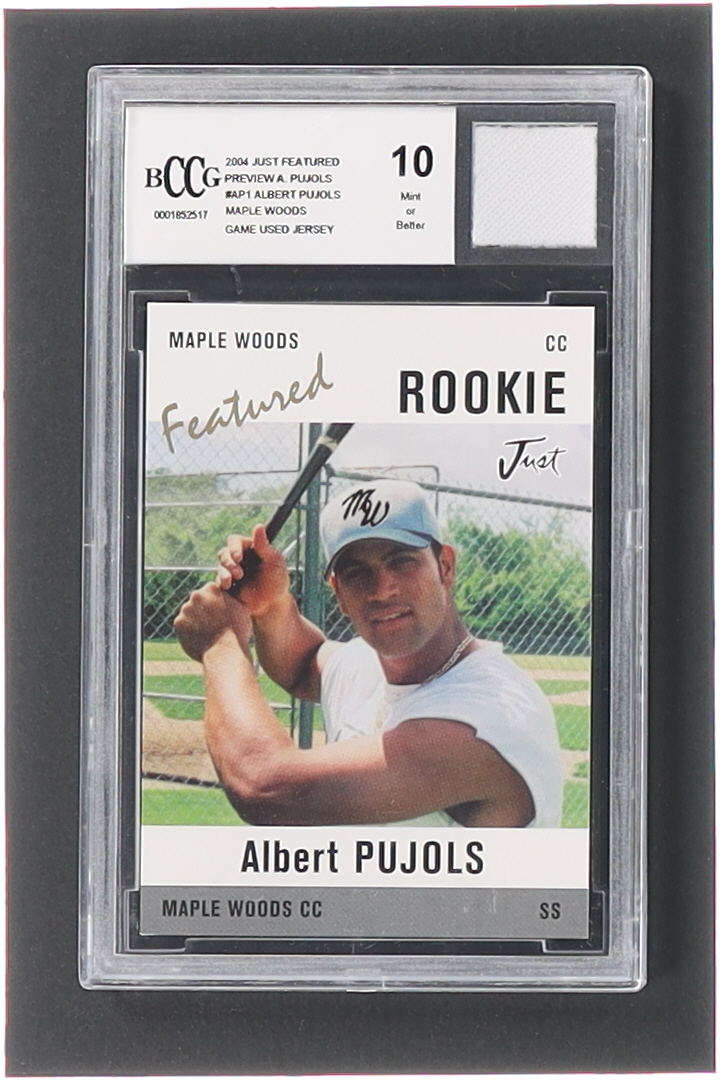 Albert Pujols 2004 Just Featured Preview Pujols #AP1 Maple Woods with Game-Used Jersey Piece (BCCG 10) at PristineAuction.com Albert Pujols 2004 Just Featured Preview Pujols #AP1 Maple Woods with Game-Used Jersey Piece (BCCG 10) at PristineAuction.com
