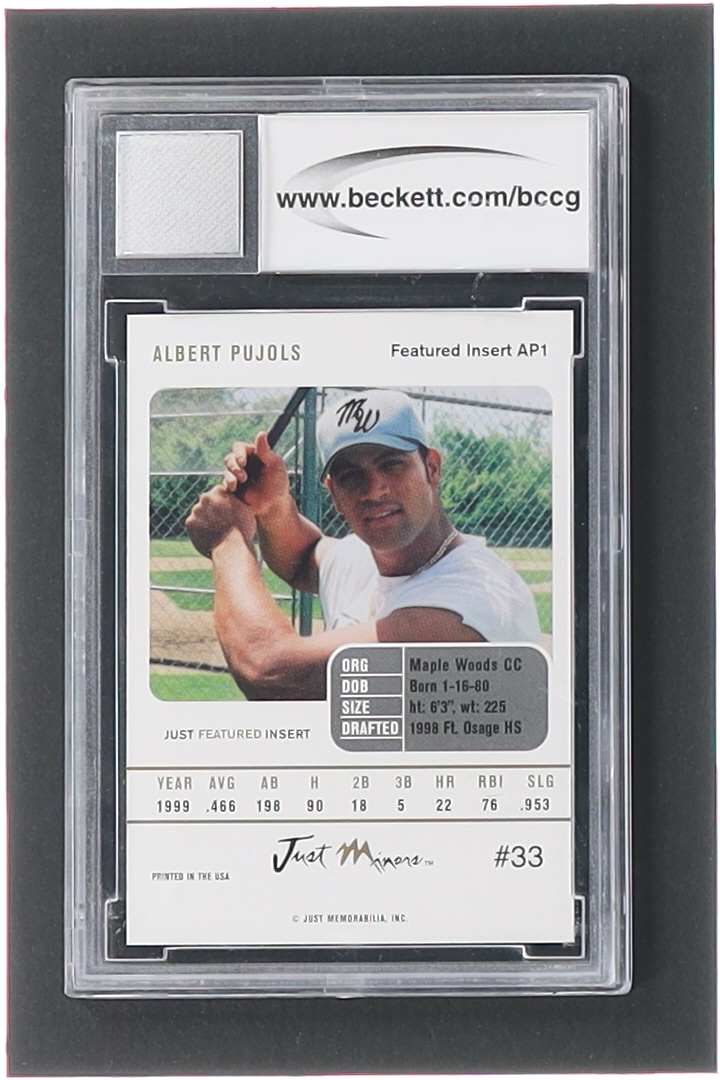 Albert Pujols 2004 Just Featured Preview Pujols #AP1 Maple Woods with Game-Used Jersey Piece (BCCG 10) at PristineAuction.com Albert Pujols 2004 Just Featured Preview Pujols #AP1 Maple Woods with Game-Used Jersey Piece (BCCG 10) at PristineAuction.com