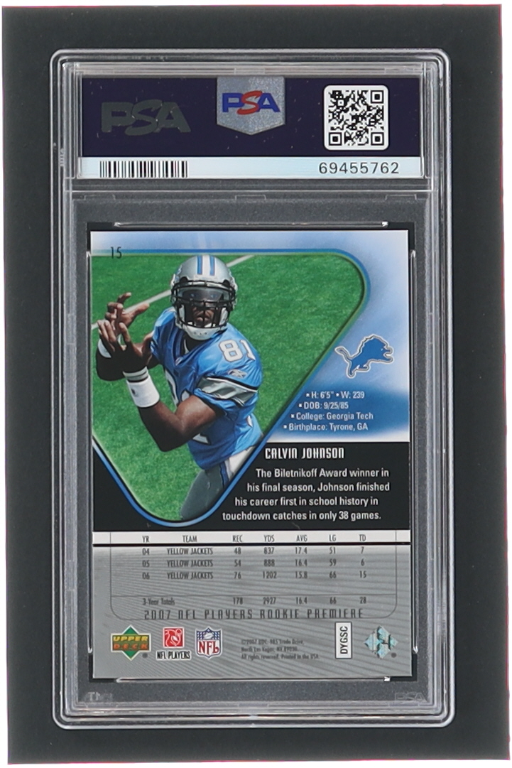 Calvin Johnson 2007 Upper Deck Rookie Premiere #15 RC (PSA 9) at PristineAuction.com Calvin Johnson 2007 Upper Deck Rookie Premiere #15 RC (PSA 9) at PristineAuction.com