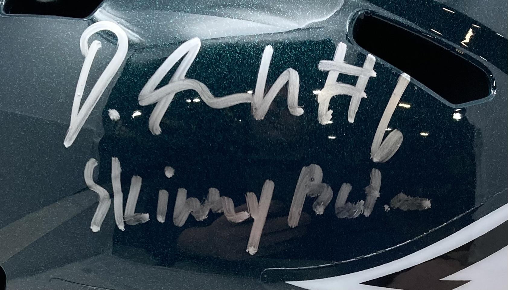 DeVonta Smith Signed Eagles Full-Size Speed Helmet Inscribed "Skinny Batman" (Fanatics) at PristineAuction.com DeVonta Smith Signed Eagles Full-Size Speed Helmet Inscribed "Skinny Batman" (Fanatics) at PristineAuction.com