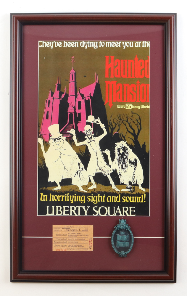 Walt Disney World "The Haunted Mansion" Custom Framed Print Display with Vintage Ticket & Ride Emblem at PristineAuction.com Walt Disney World "The Haunted Mansion" Custom Framed Print Display with Vintage Ticket & Ride Emblem at PristineAuction.com