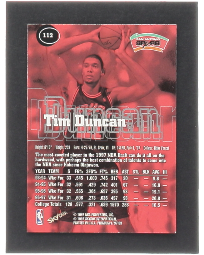 Tim Duncan 1997-98 SkyBox Premium #112 RC at PristineAuction.com Tim Duncan 1997-98 SkyBox Premium #112 RC at PristineAuction.com