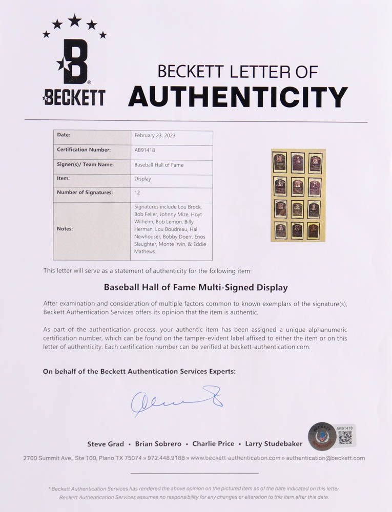 Baseball Hall of Fame Plaque Custom Framed Postcard Display Signed By (12) with Lou Brock, Bob Feller, Johnny Mize, Hoyt Wilhelm (Beckett) at PristineAuction.com Baseball Hall of Fame Plaque Custom Framed Postcard Display Signed By (12) with Lou Brock, Bob Feller, Johnny Mize, Hoyt Wilhelm (Beckett) at PristineAuction.com