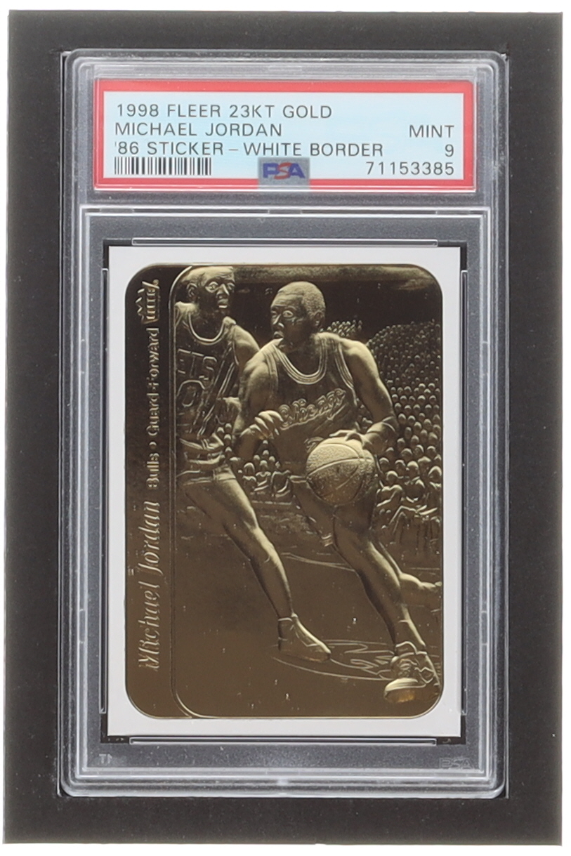 Michael Jordan 1998 Fleer 23Kt Gold Card '86 Sticker / White Border (PSA 9) at PristineAuction.com Michael Jordan 1998 Fleer 23Kt Gold Card '86 Sticker / White Border (PSA 9) at PristineAuction.com