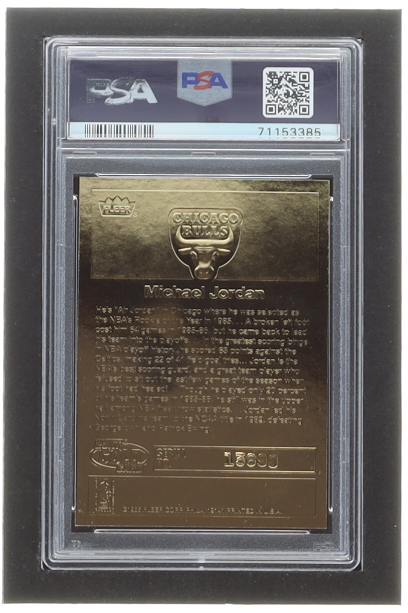 Michael Jordan 1998 Fleer 23Kt Gold Card '86 Sticker / White Border (PSA 9) at PristineAuction.com Michael Jordan 1998 Fleer 23Kt Gold Card '86 Sticker / White Border (PSA 9) at PristineAuction.com