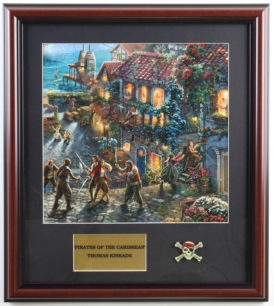 Thomas Kinkade "Pirates of the Caribbean" Custom Framed Print Display with Rhinestone Pin at PristineAuction.com Thomas Kinkade "Pirates of the Caribbean" Custom Framed Print Display with Rhinestone Pin at PristineAuction.com