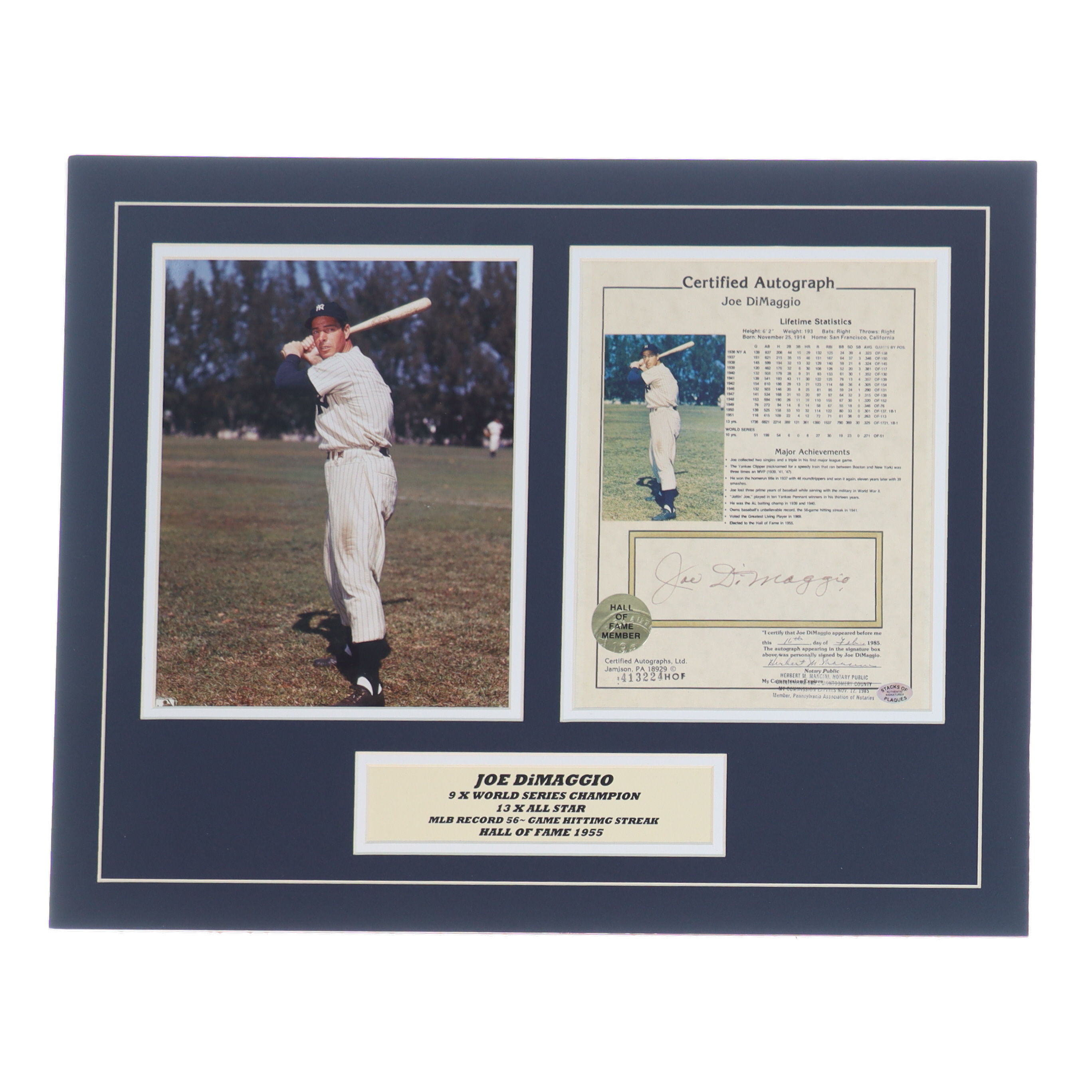 Joe DiMaggio Signed Yankees 16x20 Custom Framed Matted Photo Display (Stacks of Plaques) at PristineAuction.com Joe DiMaggio Signed Yankees 16x20 Custom Framed Matted Photo Display (Stacks of Plaques) at PristineAuction.com