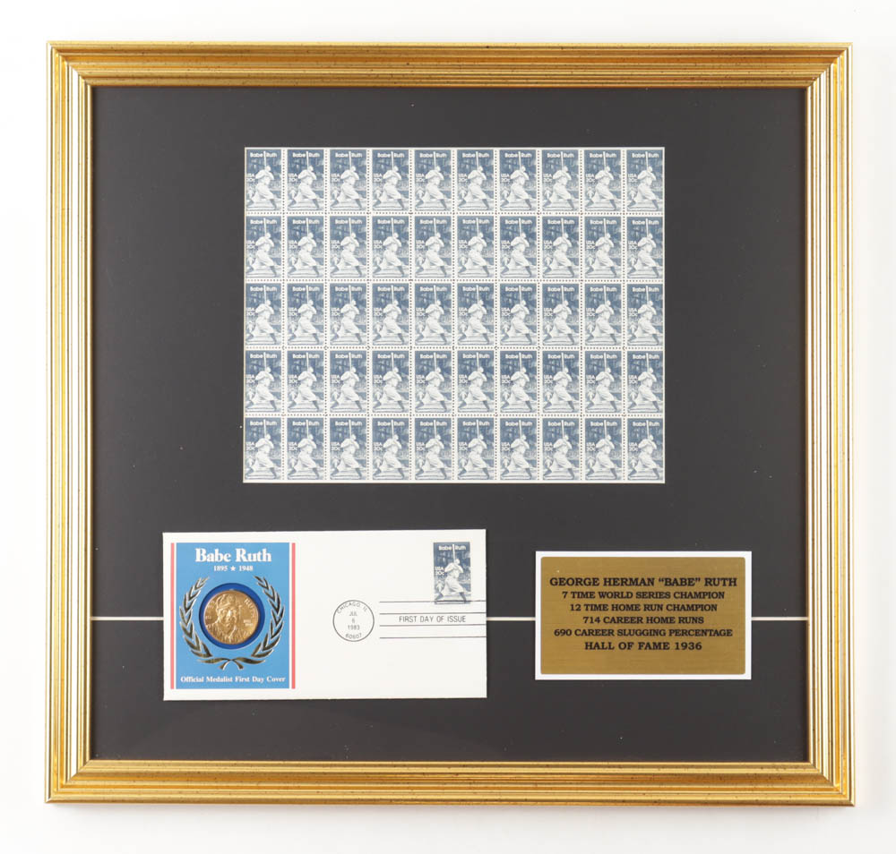 Babe Ruth 1983 Full Uncut U.S. Stamp Sheet Custom Framed Display with First Day Issue Cover Envelope & Gold Stamp at PristineAuction.com Babe Ruth 1983 Full Uncut U.S. Stamp Sheet Custom Framed Display with First Day Issue Cover Envelope & Gold Stamp at PristineAuction.com
