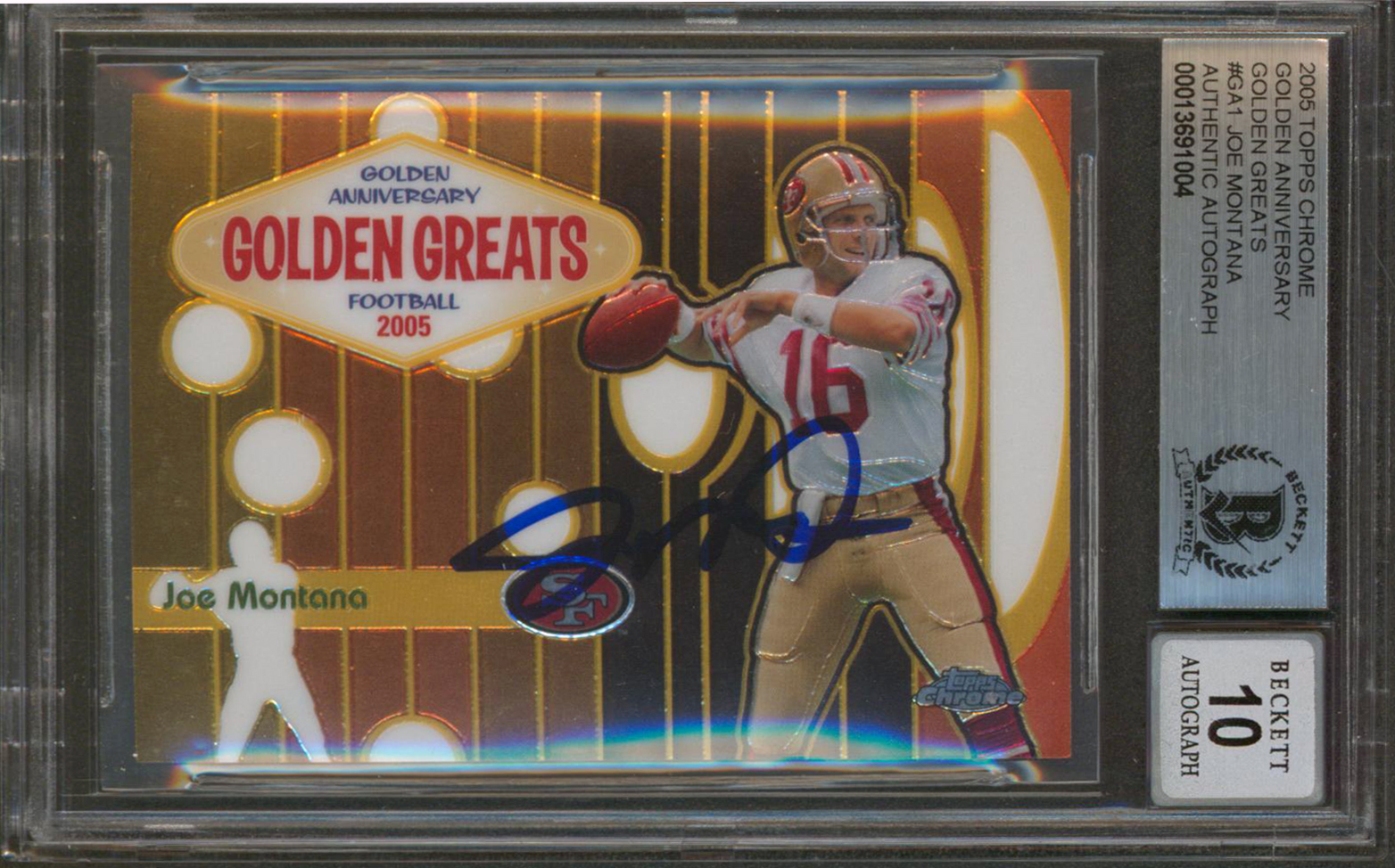 Joe Montana Signed 2005 Topps Chrome Golden Anniversary Golden Greats #GA1 (BGS) at PristineAuction.com Joe Montana Signed 2005 Topps Chrome Golden Anniversary Golden Greats #GA1 (BGS) at PristineAuction.com