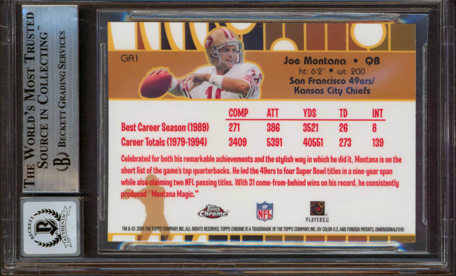 Joe Montana Signed 2005 Topps Chrome Golden Anniversary Golden Greats #GA1 (BGS) at PristineAuction.com Joe Montana Signed 2005 Topps Chrome Golden Anniversary Golden Greats #GA1 (BGS) at PristineAuction.com