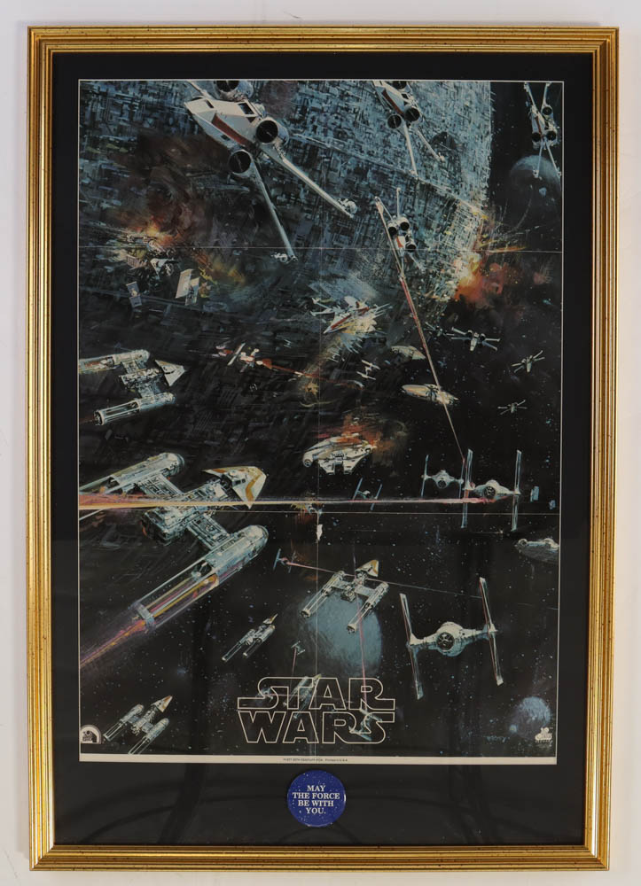 1977 Original "Star Wars" Promotional Custom Framed Poster Display with Vintage Pin at PristineAuction.com 1977 Original "Star Wars" Promotional Custom Framed Poster Display with Vintage Pin at PristineAuction.com