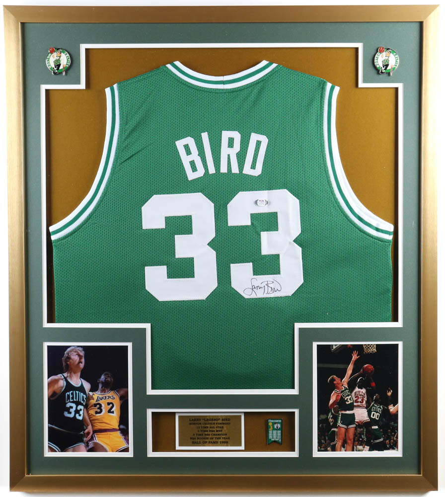 Larry Bird Signed Custom Framed Jersey Display with a Celtics Championship Mini Metal Banner and (2) Celtics Metal Pins (PSA) at PristineAuction.com Larry Bird Signed Custom Framed Jersey Display with a Celtics Championship Mini Metal Banner and (2) Celtics Metal Pins (PSA) at PristineAuction.com