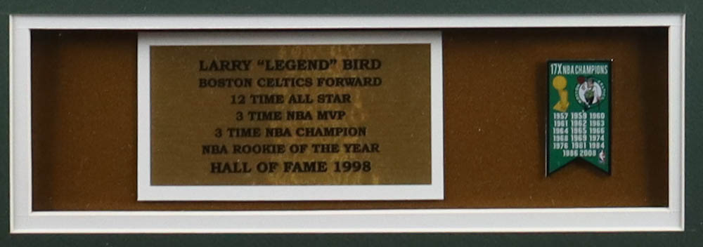 Larry Bird Signed Custom Framed Jersey Display with a Celtics Championship Mini Metal Banner and (2) Celtics Metal Pins (PSA) at PristineAuction.com Larry Bird Signed Custom Framed Jersey Display with a Celtics Championship Mini Metal Banner and (2) Celtics Metal Pins (PSA) at PristineAuction.com