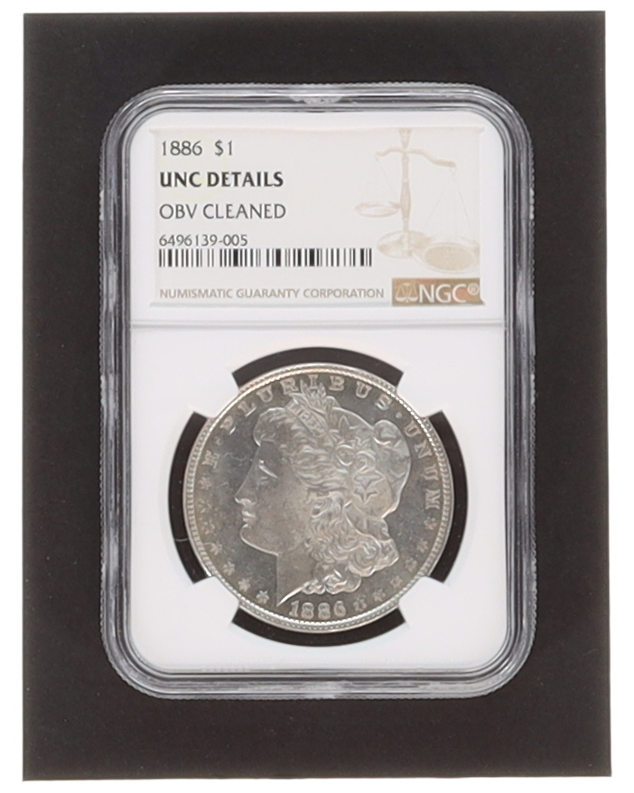 1886 Morgan $1 One Dollar Silver Coin OBV Cleaned (NGC UNC Details) at PristineAuction.com 1886 Morgan $1 One Dollar Silver Coin OBV Cleaned (NGC UNC Details) at PristineAuction.com
