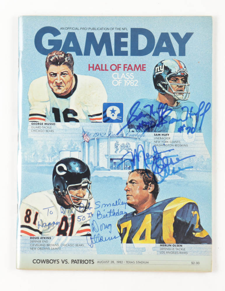 Game Day Football Hall of Fame Class of 1982 Program Signed by (5) with Sam Huff, Merlin Olsen, Doug Atkins, Plus (2) Signatures with Inscription (Beckett) at PristineAuction.com Game Day Football Hall of Fame Class of 1982 Program Signed by (5) with Sam Huff, Merlin Olsen, Doug Atkins, Plus (2) Signatures with Inscription (Beckett) at PristineAuction.com
