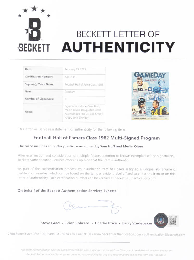 Game Day Football Hall of Fame Class of 1982 Program Signed by (5) with Sam Huff, Merlin Olsen, Doug Atkins, Plus (2) Signatures with Inscription (Beckett) at PristineAuction.com Game Day Football Hall of Fame Class of 1982 Program Signed by (5) with Sam Huff, Merlin Olsen, Doug Atkins, Plus (2) Signatures with Inscription (Beckett) at PristineAuction.com