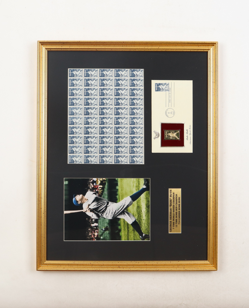 Babe Ruth 1983 Full Uncut U.S. Stamp Sheet Custom Framed Display with First Day Issue Cover Envelope & Gold Stamp at PristineAuction.com Babe Ruth 1983 Full Uncut U.S. Stamp Sheet Custom Framed Display with First Day Issue Cover Envelope & Gold Stamp at PristineAuction.com