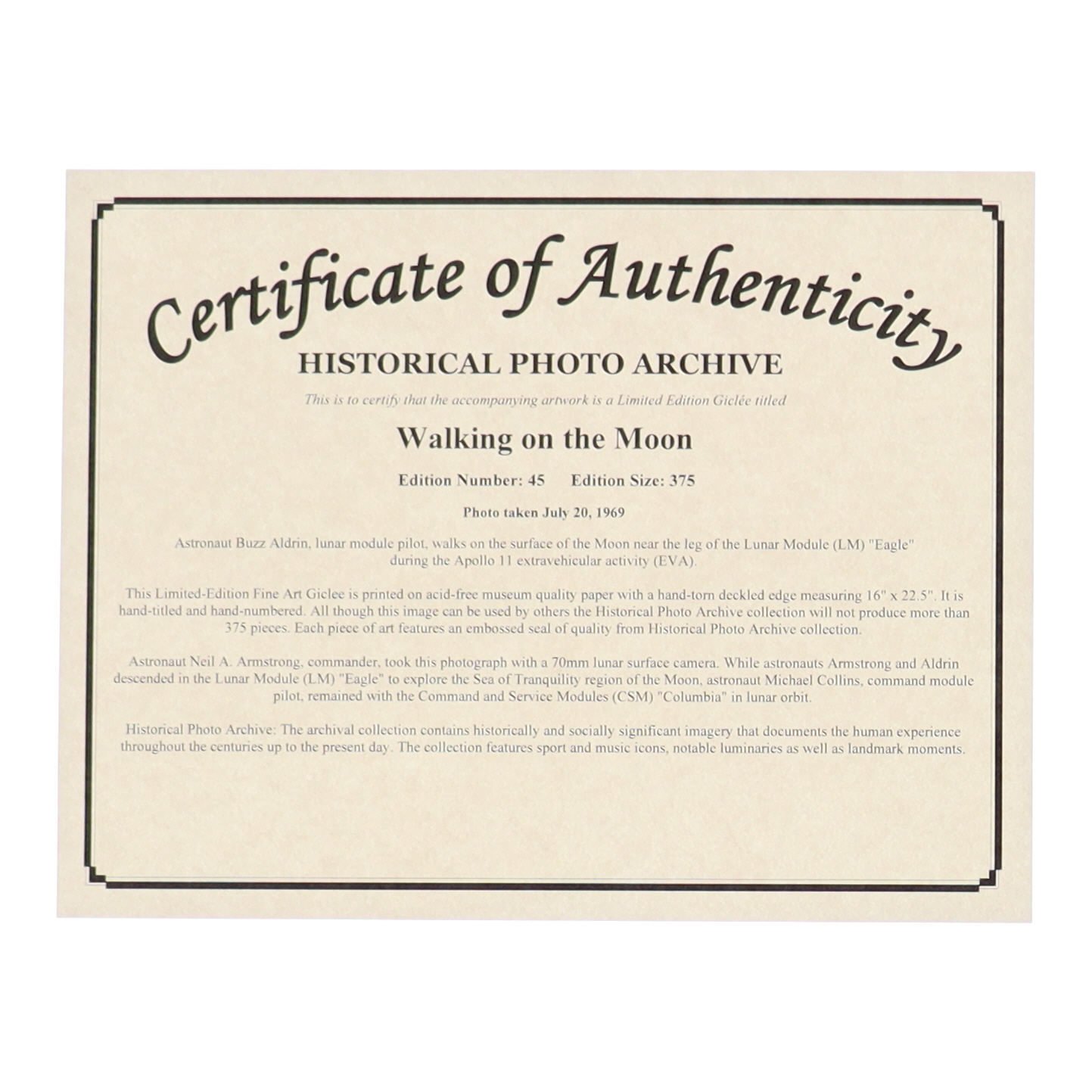 Historical Photo Archive - “Walking on the Moon" Limited Edition 16.5x22 Fine Art Giclee on Paper #45/375 at PristineAuction.com Historical Photo Archive - “Walking on the Moon" Limited Edition 16.5x22 Fine Art Giclee on Paper #45/375 at PristineAuction.com