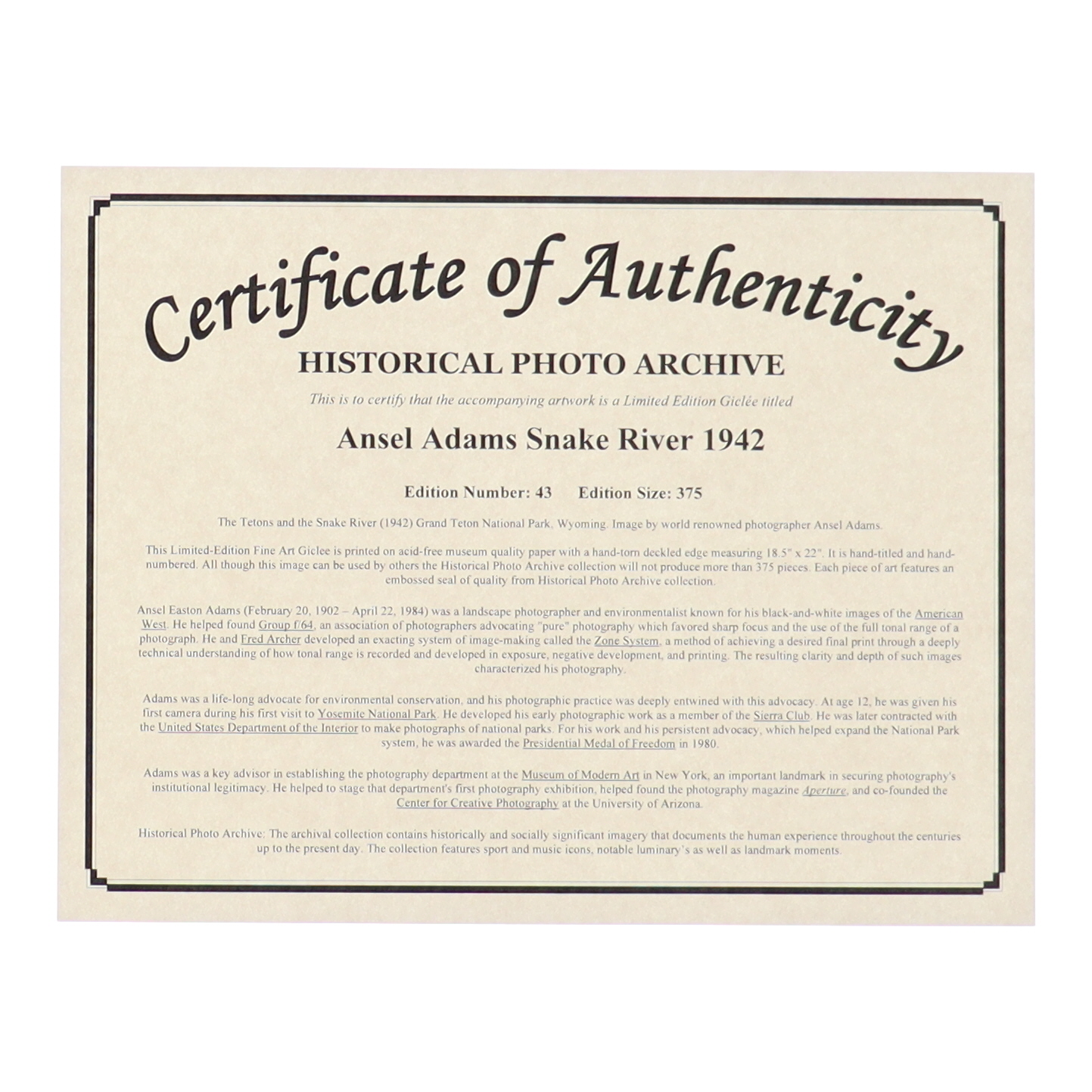 Historical Photo Archive - “Ansel Adams Snake River ” Limited Edition 18.25x22 Fine Art Giclee on Paper #43/375 at PristineAuction.com Historical Photo Archive - “Ansel Adams Snake River ” Limited Edition 18.25x22 Fine Art Giclee on Paper #43/375 at PristineAuction.com