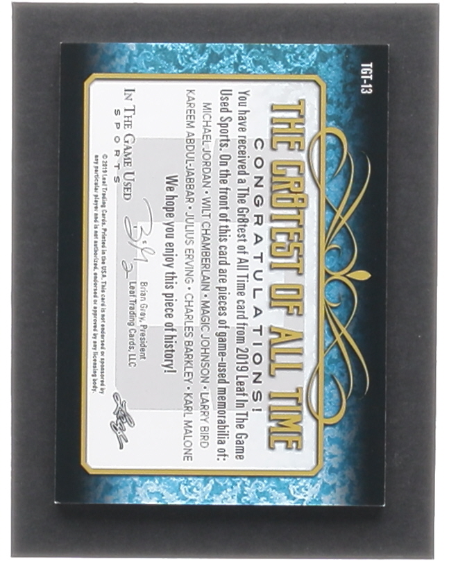 Michael Jordan / Wilt Chamberlain / Magic Johnson / Larry Bird / Kareem Abdul-Jabbar / Julius Erving / Charles Barkley / Karl Malone 2019 ITG Used Sports The Gr8est of All Time Memorabilia Purple Spectrum #TGT13 #3/20 at PristineAuction.com Michael Jordan / Wilt Chamberlain / Magic Johnson / Larry Bird / Kareem Abdul-Jabbar / Julius Erving / Charles Barkley / Karl Malone 2019 ITG Used Sports The Gr8est of All Time Memorabilia Purple Spectrum #TGT13 #3/20 at PristineAuction.com