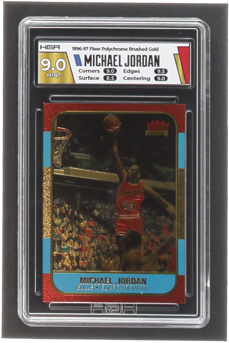 Michael Jordan 1996-97 Fleer Polychrome 10th Anniversary Refractor Brushed Gold Trading Card (HGA 9) at PristineAuction.com Michael Jordan 1996-97 Fleer Polychrome 10th Anniversary Refractor Brushed Gold Trading Card (HGA 9) at PristineAuction.com