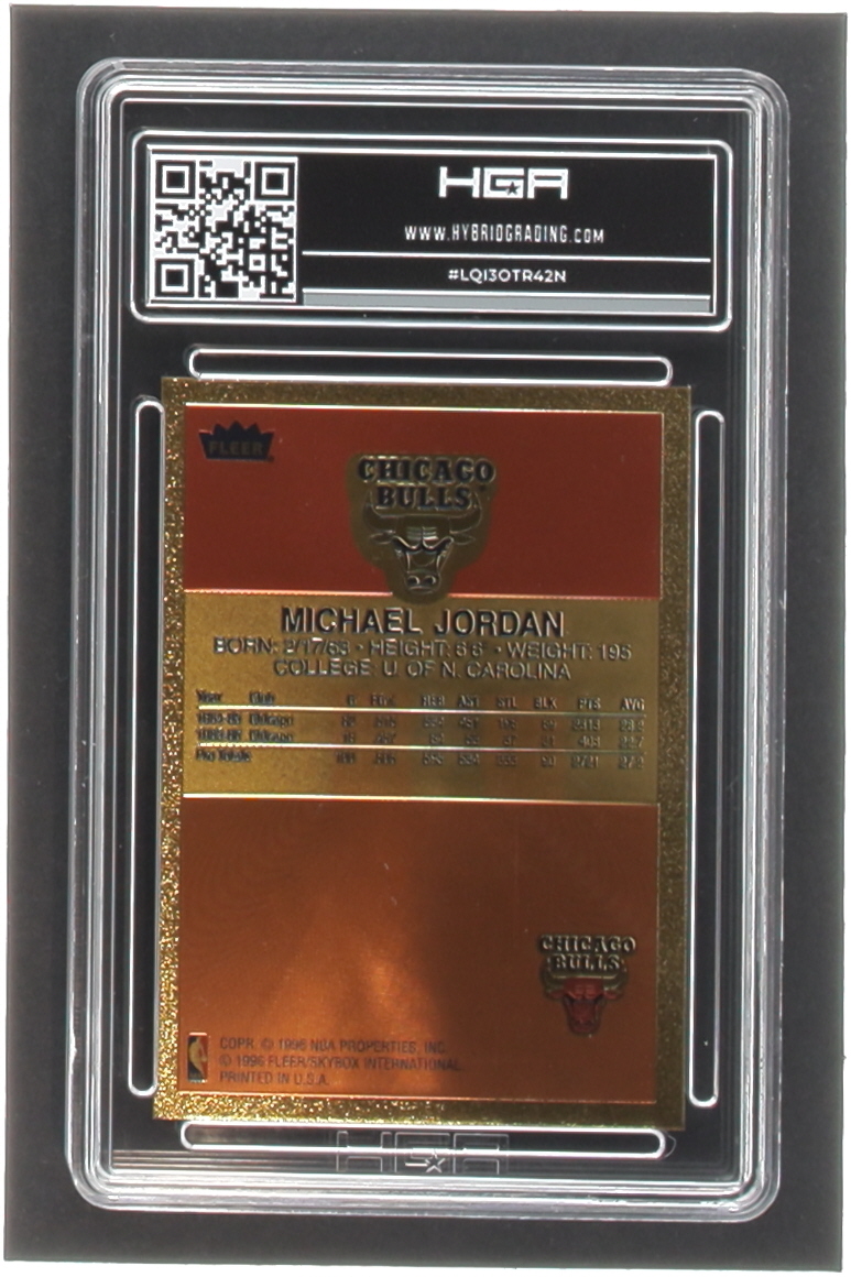 Michael Jordan 1996-97 Fleer Polychrome 10th Anniversary Refractor Brushed Gold Trading Card (HGA 9) at PristineAuction.com Michael Jordan 1996-97 Fleer Polychrome 10th Anniversary Refractor Brushed Gold Trading Card (HGA 9) at PristineAuction.com