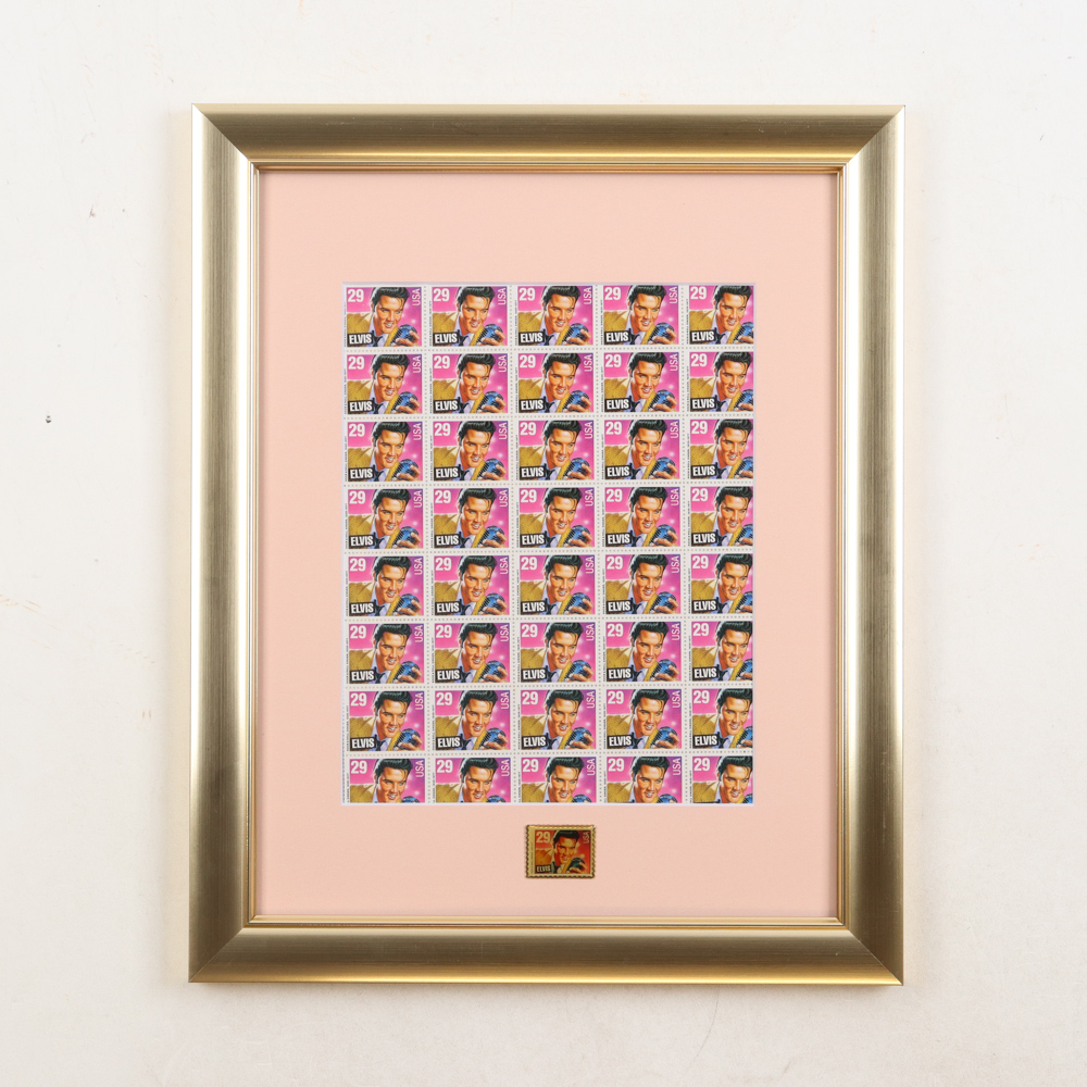 Elvis Presley Custom Framed Stamp Sheet with Elvis Pin at PristineAuction.com Elvis Presley Custom Framed Stamp Sheet with Elvis Pin at PristineAuction.com
