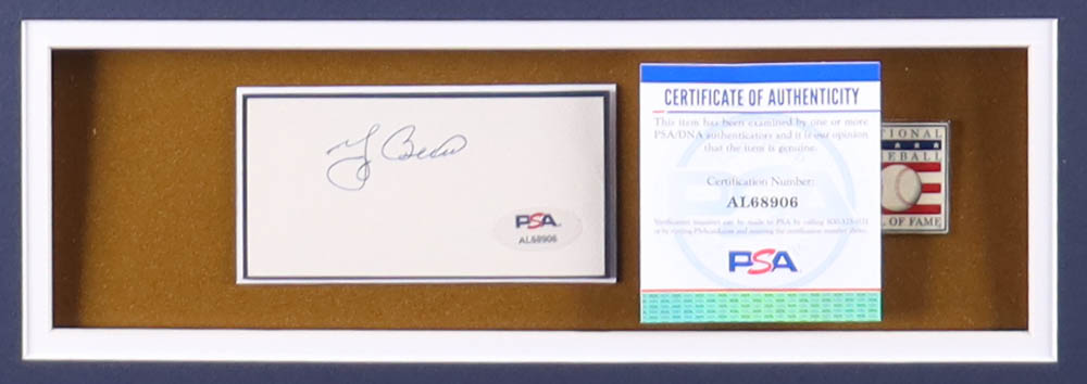 Yogi Berra Signed Yankees Custom Framed Cut Display with Vintage Hall of Fame Pin (PSA) at PristineAuction.com Yogi Berra Signed Yankees Custom Framed Cut Display with Vintage Hall of Fame Pin (PSA) at PristineAuction.com