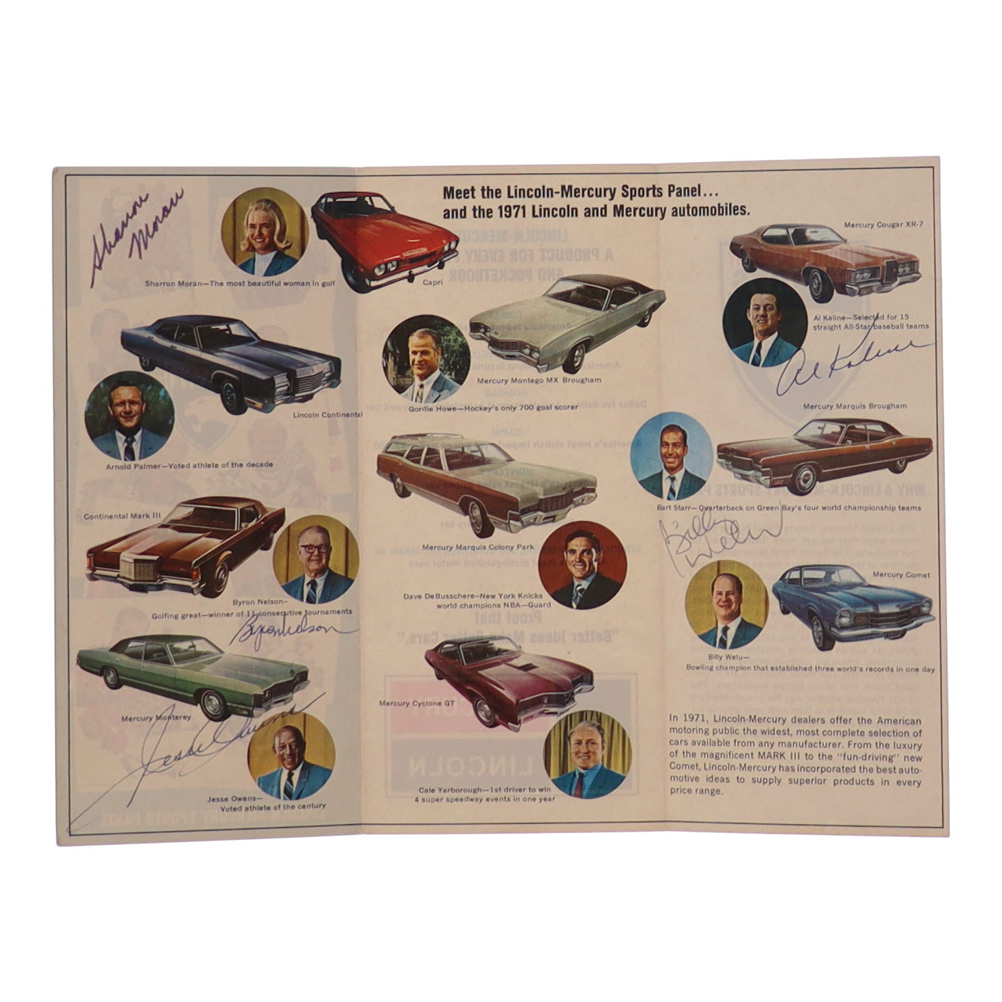 Lincoln-Mercury Sports Panel Advertisement Flyer Signed by (5) with Jesse Owens, Al Kaline, Byron Nelson, Sharron Moran (Beckett) at PristineAuction.com Lincoln-Mercury Sports Panel Advertisement Flyer Signed by (5) with Jesse Owens, Al Kaline, Byron Nelson, Sharron Moran (Beckett) at PristineAuction.com
