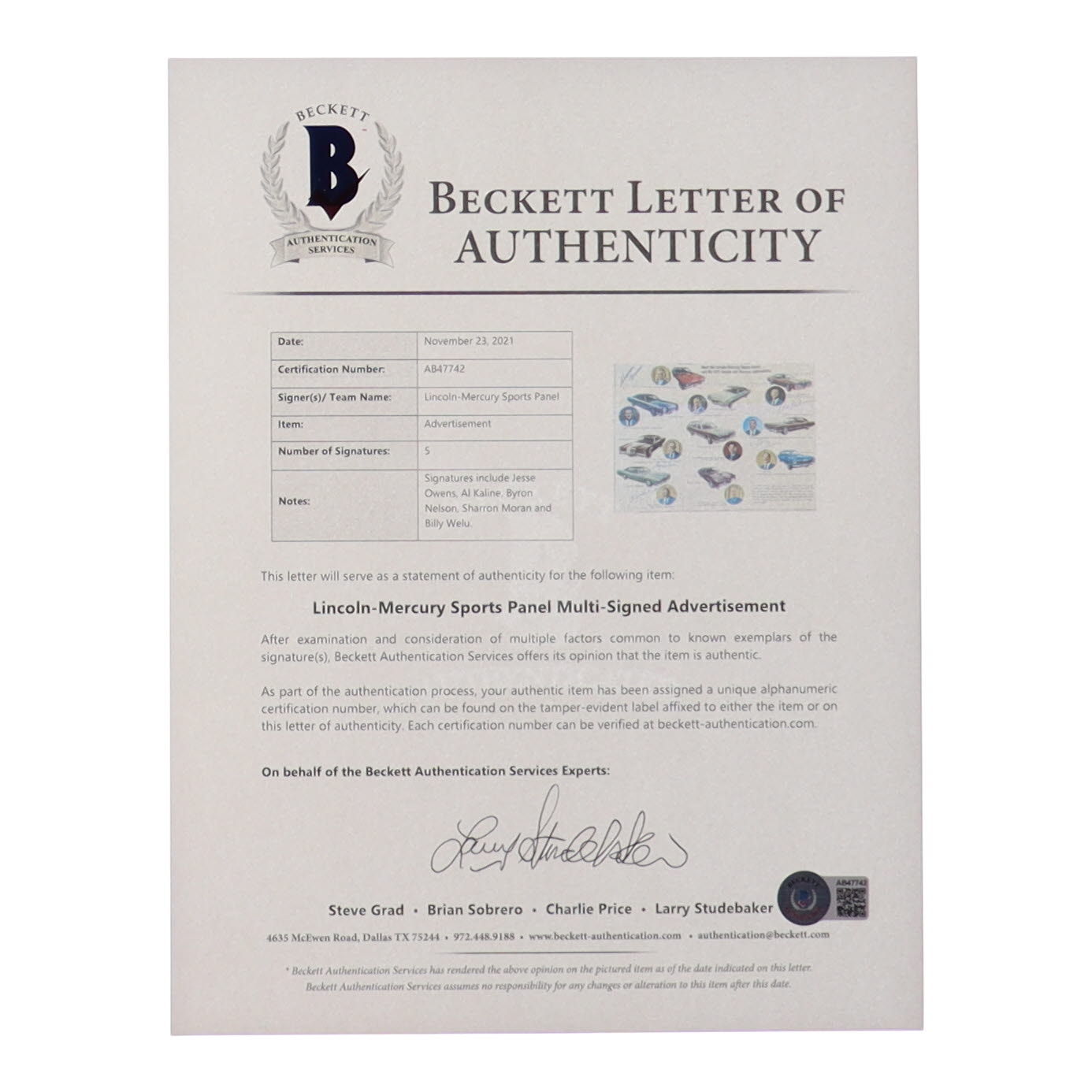 Lincoln-Mercury Sports Panel Advertisement Flyer Signed by (5) with Jesse Owens, Al Kaline, Byron Nelson, Sharron Moran (Beckett) at PristineAuction.com Lincoln-Mercury Sports Panel Advertisement Flyer Signed by (5) with Jesse Owens, Al Kaline, Byron Nelson, Sharron Moran (Beckett) at PristineAuction.com