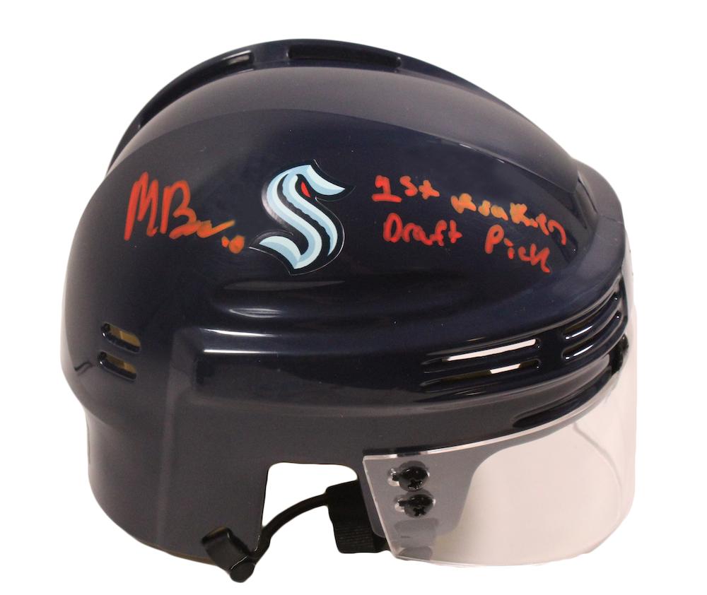 Matt Beniers Signed Kraken Mini Helmet Inscribed "1st Kraken Draft Pick" (Fanatics) at PristineAuction.com Matt Beniers Signed Kraken Mini Helmet Inscribed "1st Kraken Draft Pick" (Fanatics) at PristineAuction.com