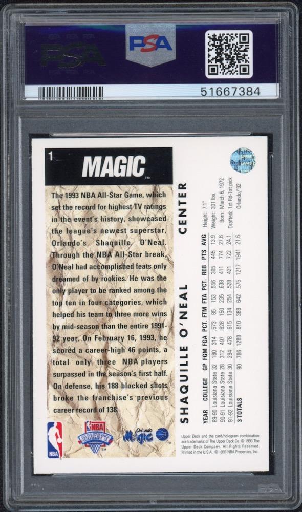 Shaquille O'Neal 1992-93 Upper Deck #1 SP RC / NBA First Draft Pick (PSA 8) at PristineAuction.com Shaquille O'Neal 1992-93 Upper Deck #1 SP RC / NBA First Draft Pick (PSA 8) at PristineAuction.com