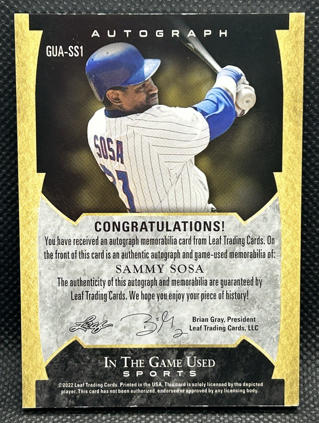 Sammy Sosa 2022 Leaf ITG Used Sports Patch Autograph #GUASS1 #1/15 at PristineAuction.com Sammy Sosa 2022 Leaf ITG Used Sports Patch Autograph #GUASS1 #1/15 at PristineAuction.com