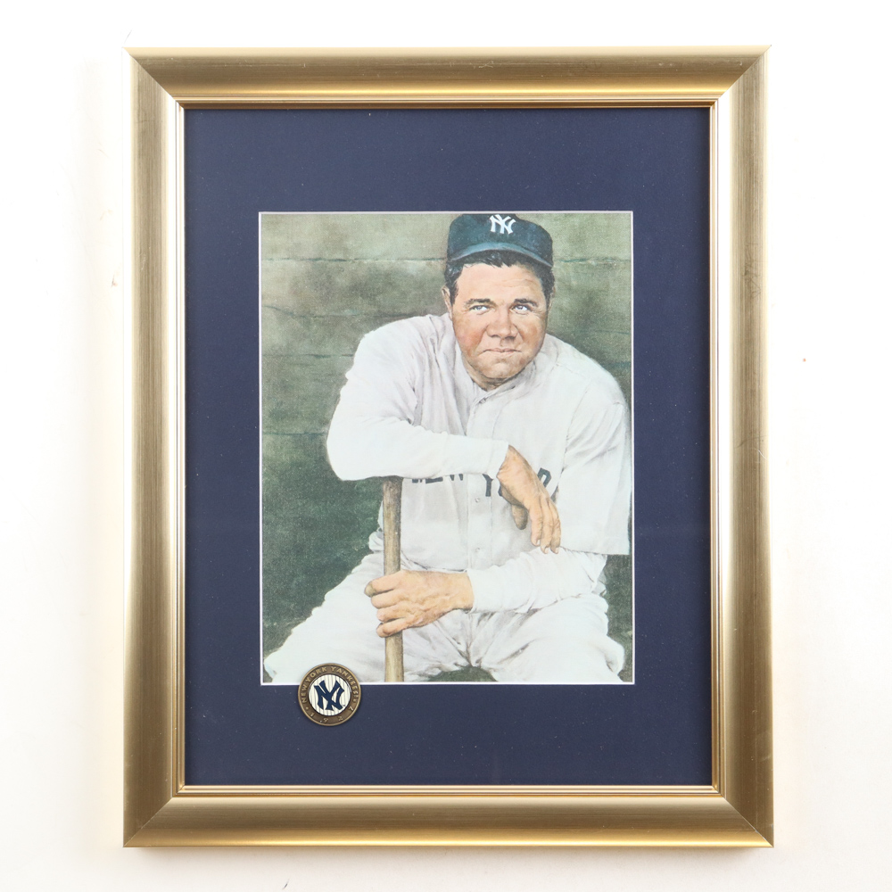 Babe Ruth Yankees Custom Framed Photo Display With 1927 Yankees Pin at PristineAuction.com Babe Ruth Yankees Custom Framed Photo Display With 1927 Yankees Pin at PristineAuction.com