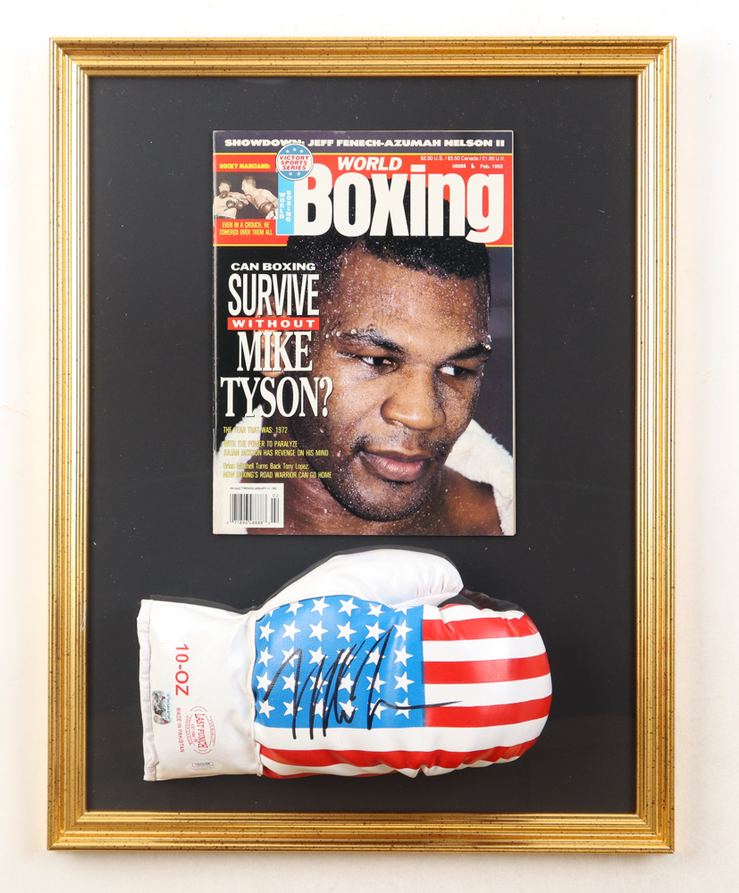 Mike Tyson Signed Custom Framed Boxing Glove Display With Vintage World Boxing Magazine (JSA & Tyson) at PristineAuction.com Mike Tyson Signed Custom Framed Boxing Glove Display With Vintage World Boxing Magazine (JSA & Tyson) at PristineAuction.com
